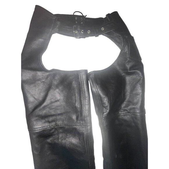 Adult S Black Leather Motorcycle Riding Chaps Adjustable Belt Snap Closure 30-34 - Picture 3 of 14
